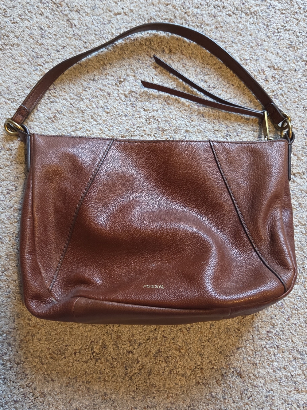 Fossil Brown Leather Pebble-Textured Shoulder Bag